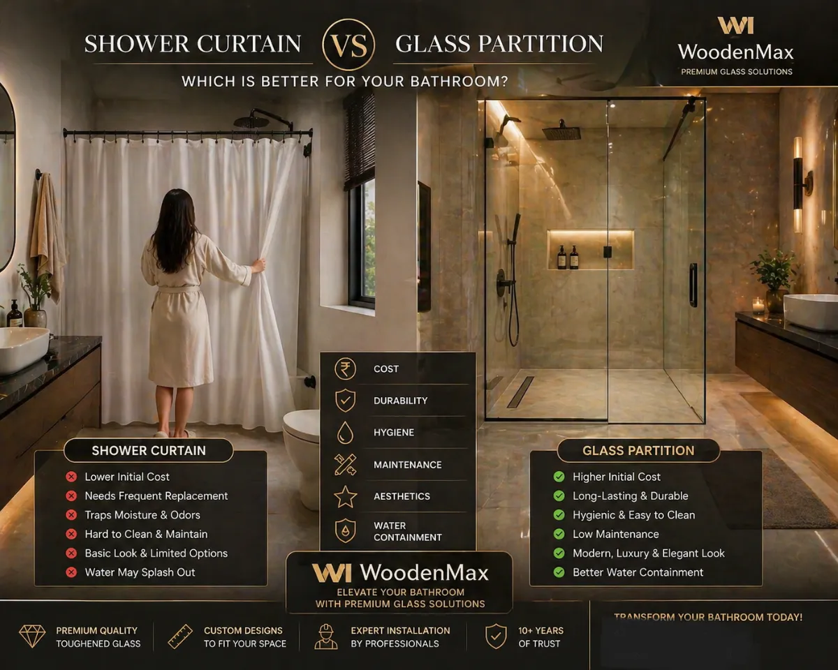 Bathroom shower curtain or glass partition difference India