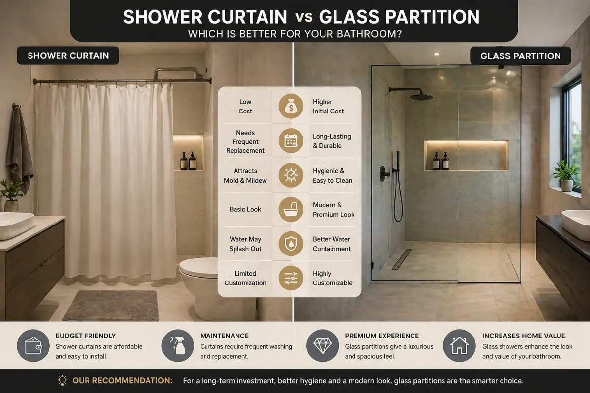 Shower curtain vs glass partition comparison India bathroom