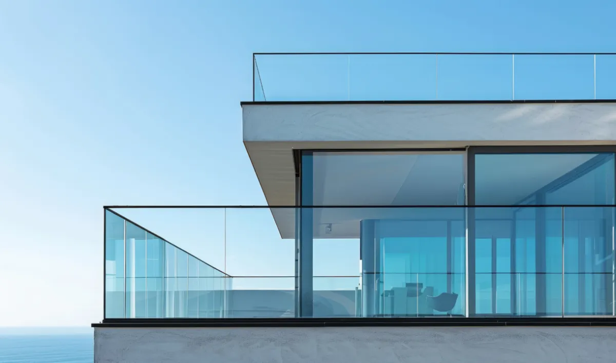 Terrace glass railing with slim aluminium profile, full-length base rail, and clear glass panels suitable for outdoor balcony and terrace applications