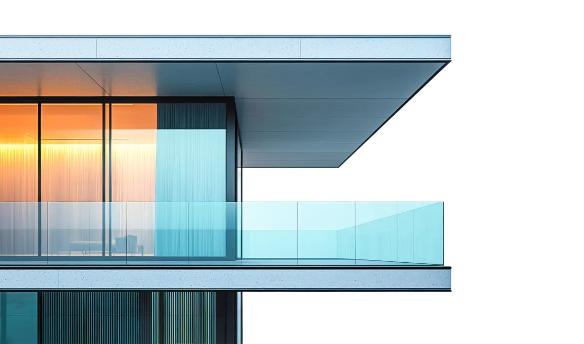 Modern balcony glass railing with slim profile base rail, minimal design, and frameless glass panels for contemporary residential and commercial applications