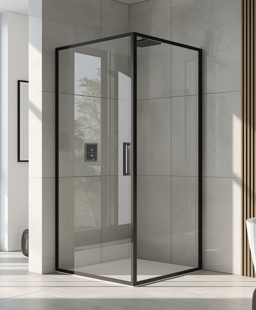 Black profile soft-close sliding shower glass partition with dual door L-corner