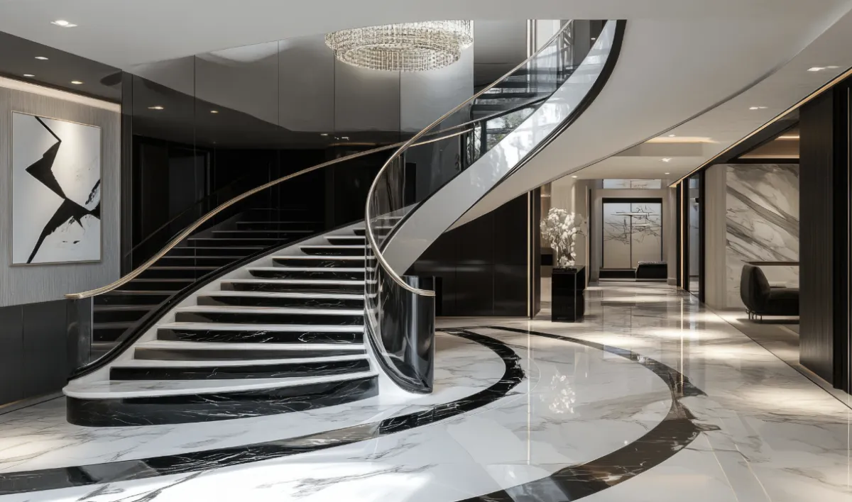 Interior staircase glass railing with slim aluminium profile, full-length base rail, and luxury handrail finishes for modern residential applications