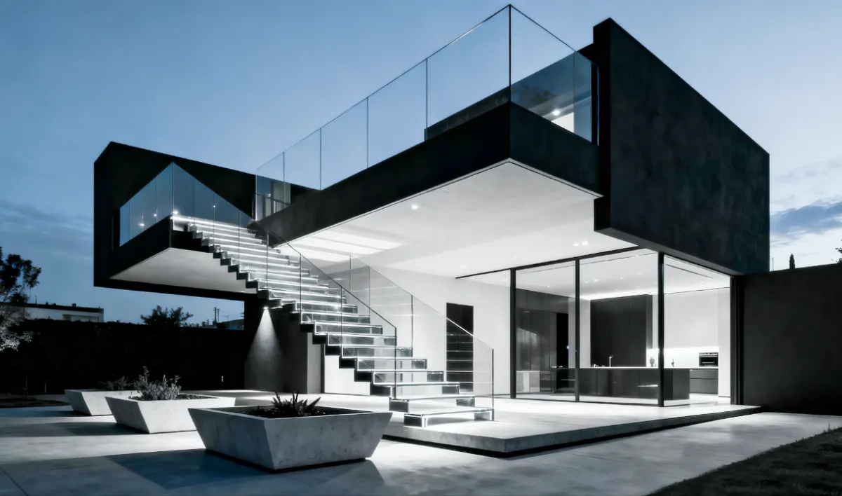 Outdoor staircase glass railing with slim profile system, weather-resistant SS304 brackets, and safety glass panels for exterior staircase applications